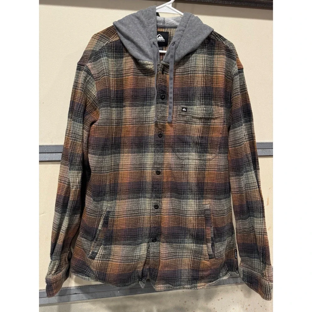 Quiksilver Mens XXL Plaid Hooded Flannel Shirt Jacket Orange Brown Grey Hoody